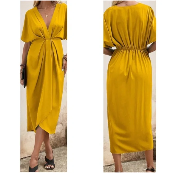 Luxe Deep V neck Batwing Sleeve Ruched Midi Dress - Picture 3 of 5